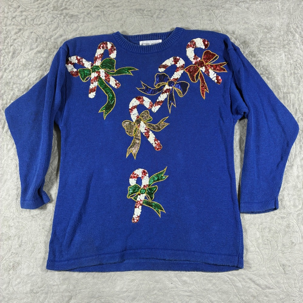 Vintage Ugly Christmas Sweater Size L Candy Cane Sequin 90s Kitschy